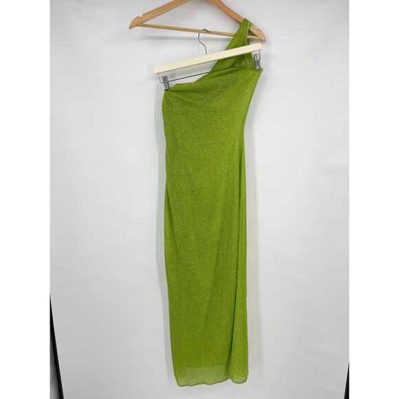 Oseree | SS24 Lumière Knot Dress Lime Green Glitter One Shoulder Midi Dress S-M - Picture 4 of 11